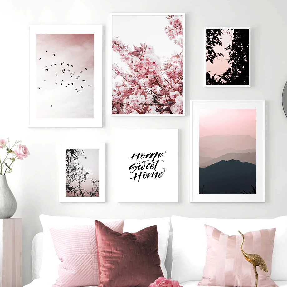 

Pink Flower Cherry Blossom Sky Bird Quote Nordic Posters And Prints Wall Art Canvas Painting Wall Pictures For Living Room Decor