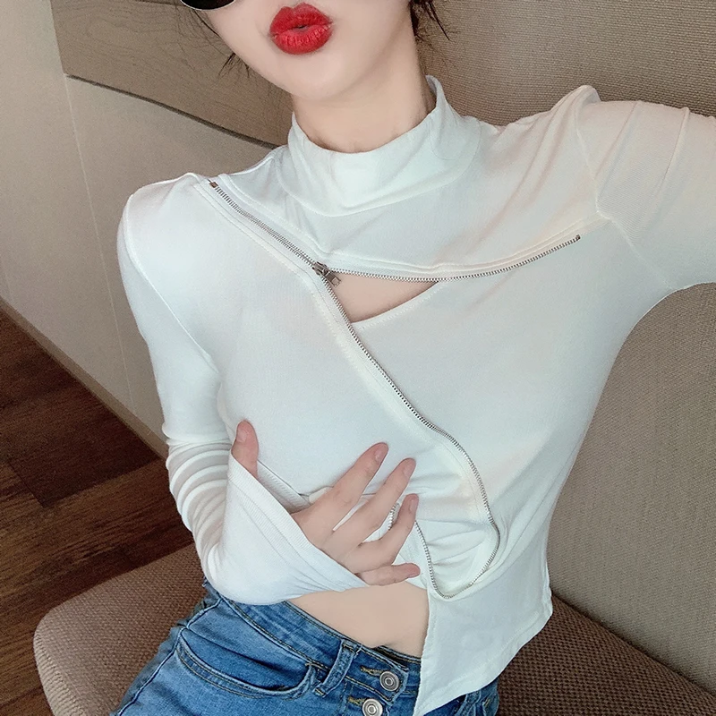 

2021 Spring and Autumn New Western Style Tight Top Scheming Design Half Turtleneck Bottoming Shirt Female Inner Wear Long
