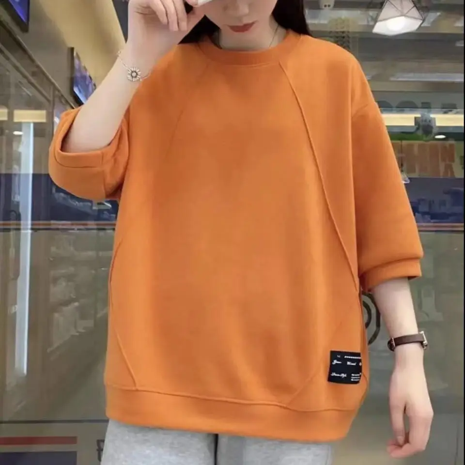 

European station round neck loose label pure cotton middle-sleeved sweater women's large size short-sleeved T-shirt