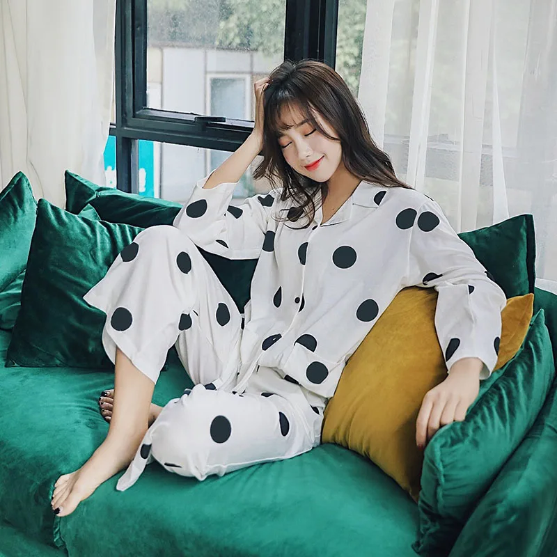Хлопковая пижама в горошек Женский комплект весна 2019 одежда для сна длинная