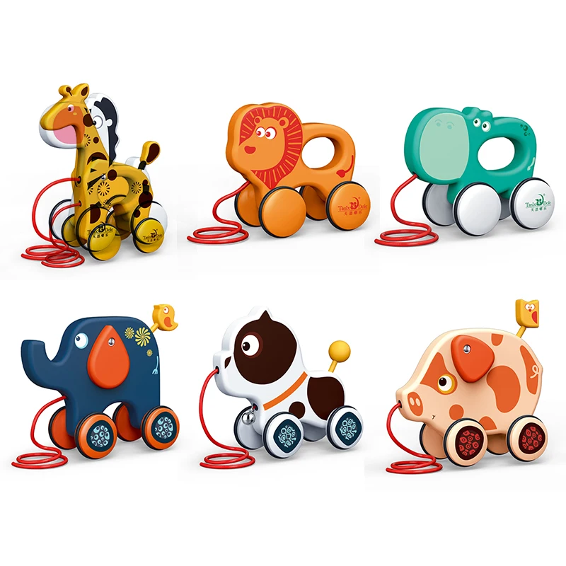 

New Baby Pull Rope Walking Toy Creative Cute Cartoon Hippo Pig Dog Elephant Fawn Drag Car Animal Pull Rope Toy Car Children Toy