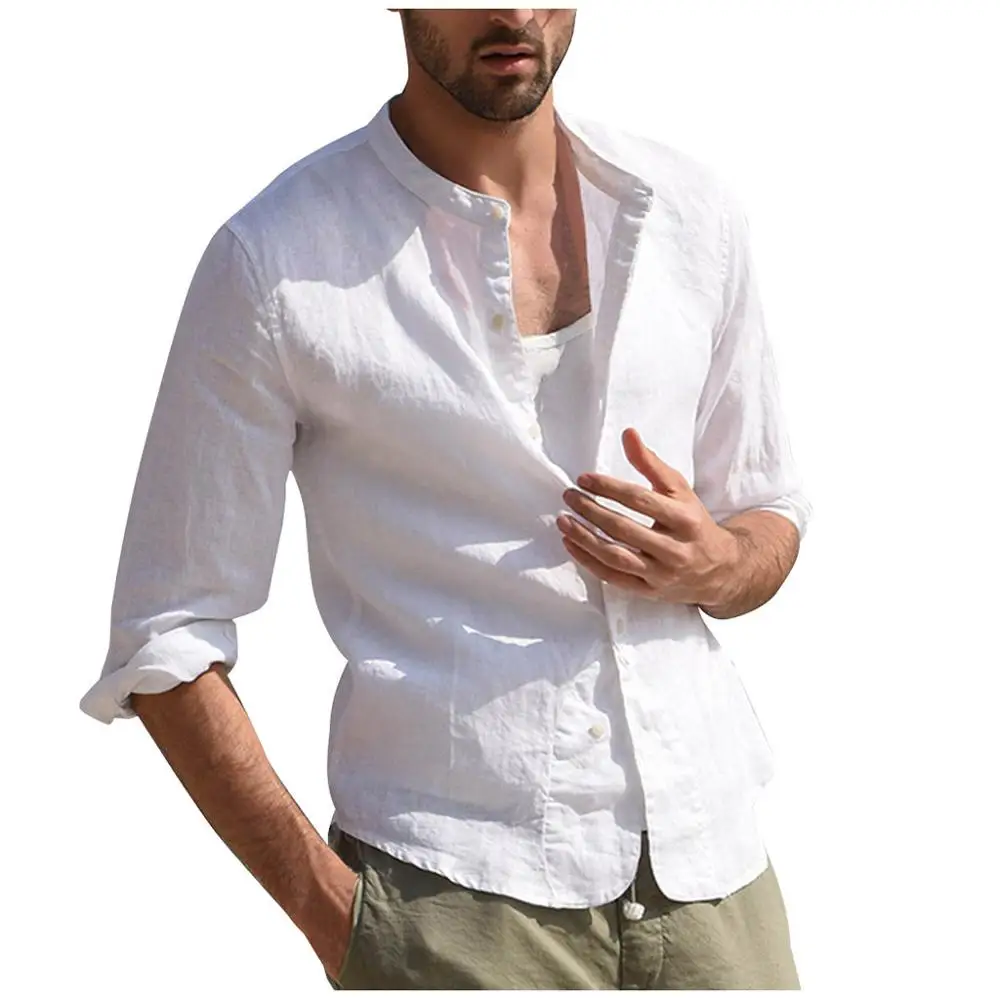 Мужская льняная рубашка с рукавом три четверти винтажная однотонная коротким