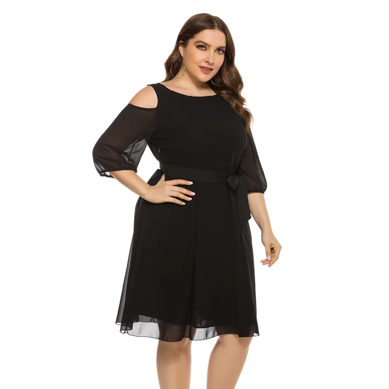 

Summer Plus Size Women Dress Elegant O Neck Off-Shoulder Three Quarter Sleeves Solid Vestidos De Mujer 5XL
