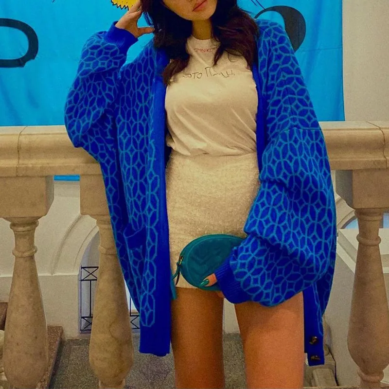 Women's Diamond Pattern Knit Cardigan Female Fashion V Neck Single Breasted Buttons Loose Casual Knitted Sweater 2021 Autumn |