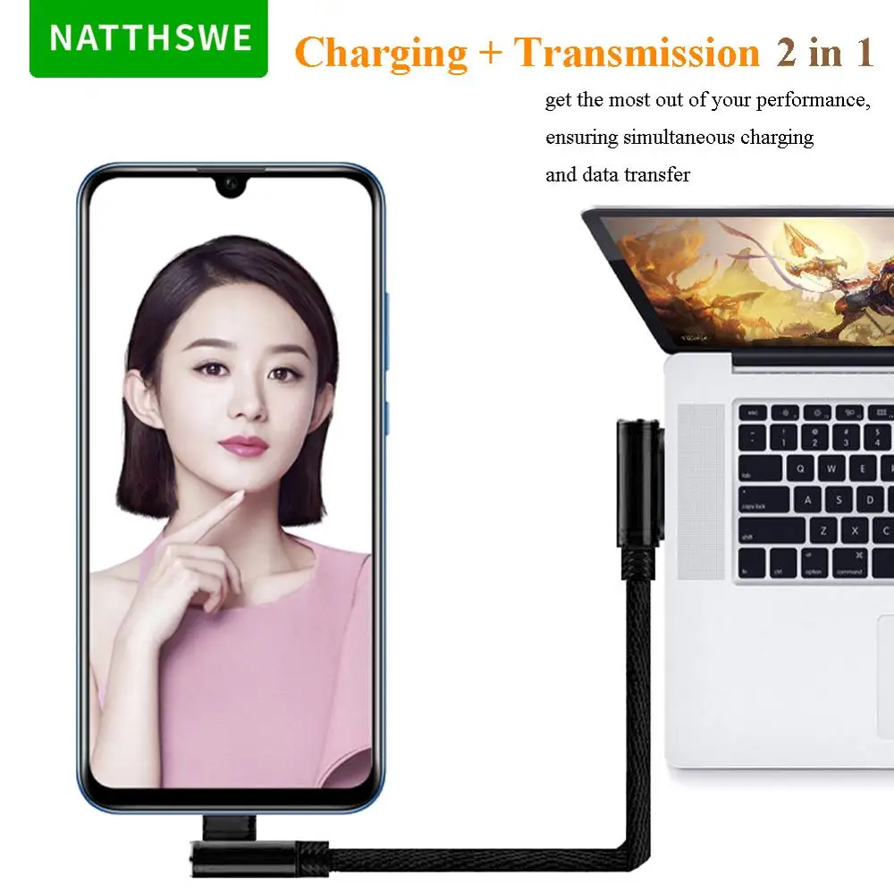 NATTHSWE 90 Degree Double Elbow Micro USB Data Cable Nylon Braided Fast Charging Line for Android Phone Short Paragraph