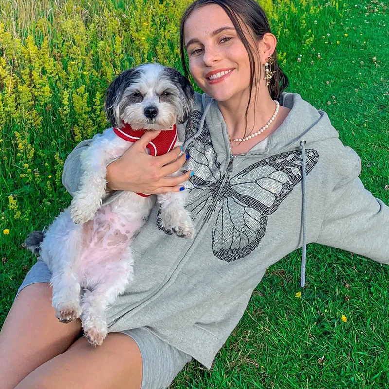 

2021 Spring Autumn Hoodie Fashion Zipper Hoodies Women Oversize Sweatshirts Butterfly Print Tops Female Hot Diamond Jacket