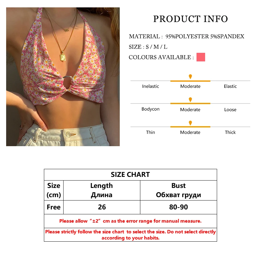 

Clacive Fashion Printed Halter Sexy Crop Top Womens Summer V-Neck Bandage Backless Tank Top Bodycon Spliced Ring Ladies Tops