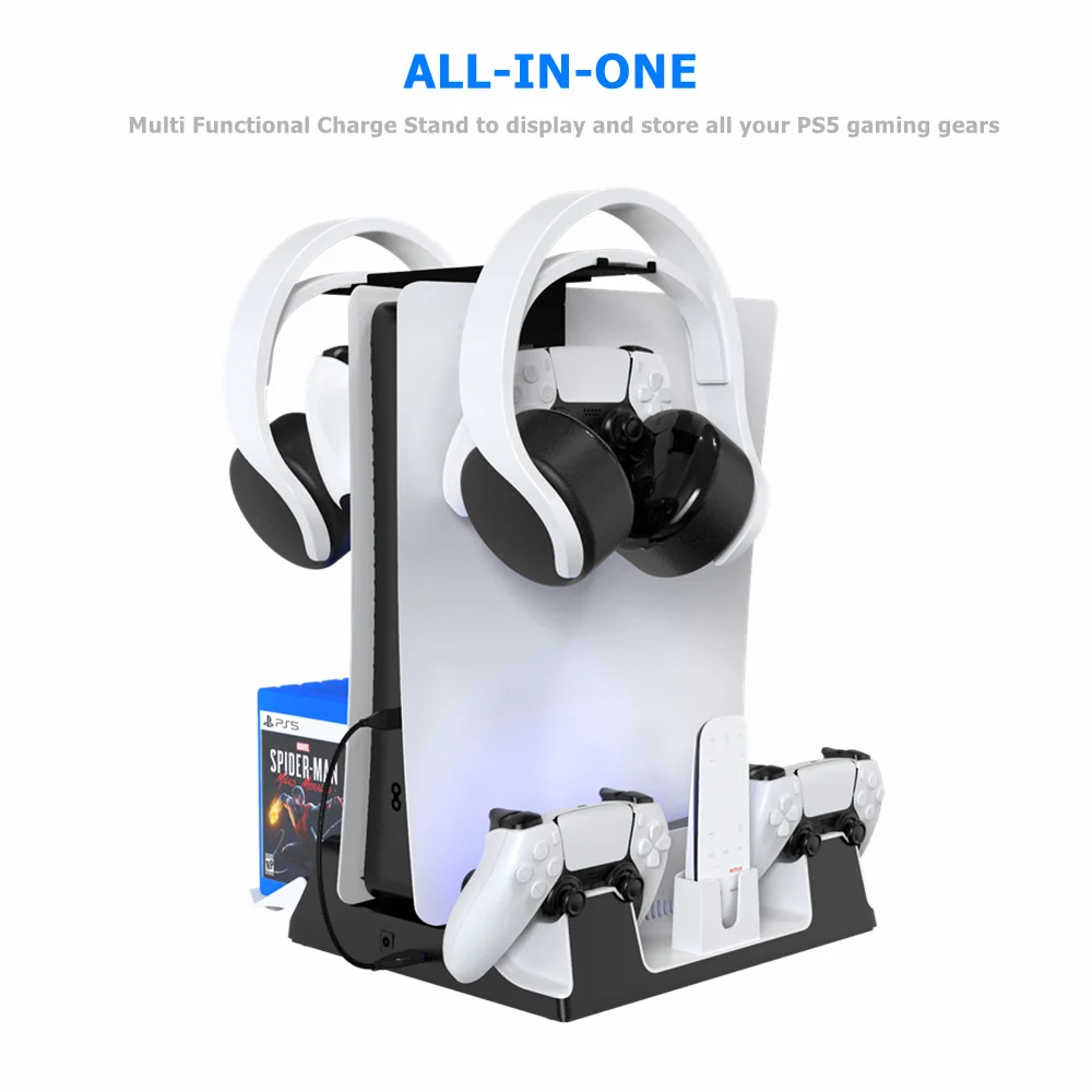 

For PS5 5 In 1 DE/UHD Host Multi-function Charging Cooling Fan Base + Game Disc Storage Tray+ Handle Base Charger Bracket+Remote