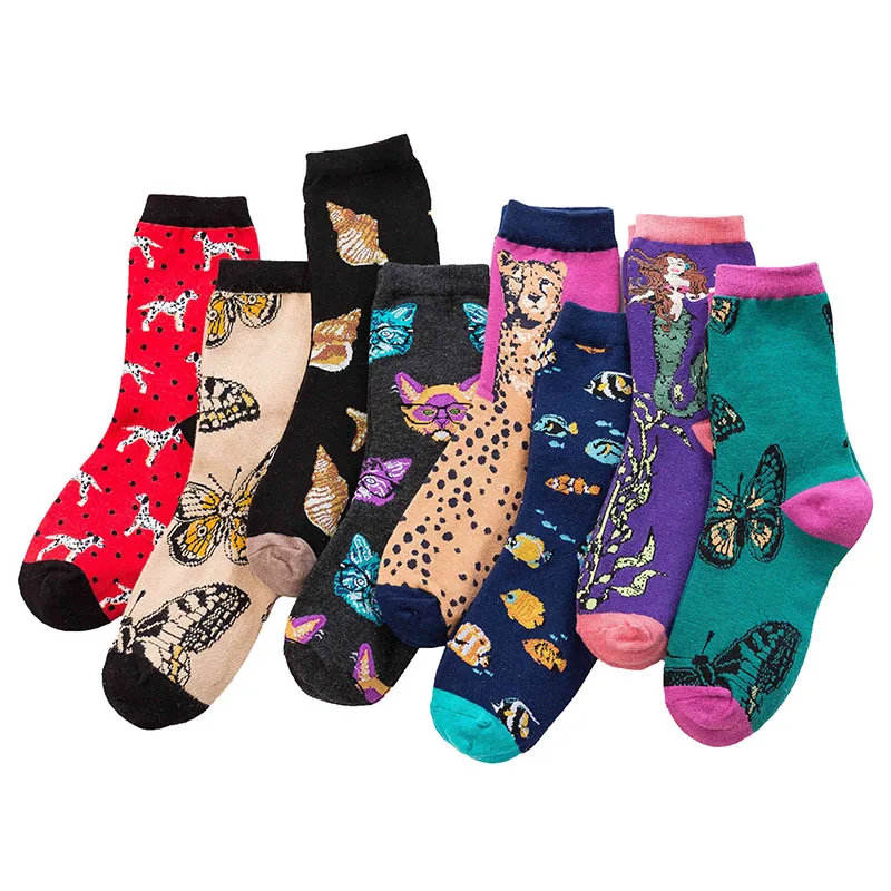 Женские хлопчатобумажные забавные носки с принтом и милые рисунками зверей из