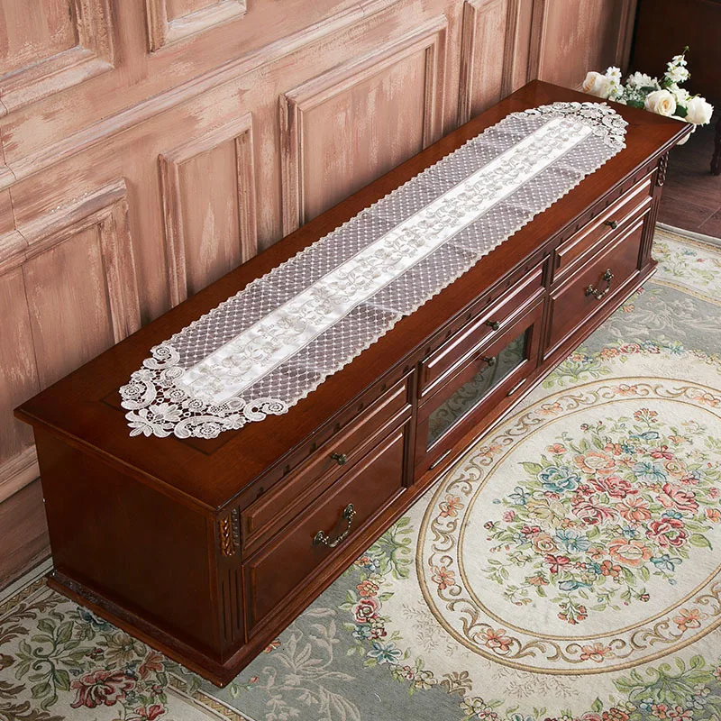 

European Luxury Champagne Gold Brocade Fabric Lace Trim Quality Table Runner Flag Mat TV Desk Strip Coffee Tablecloth Dust Cloth