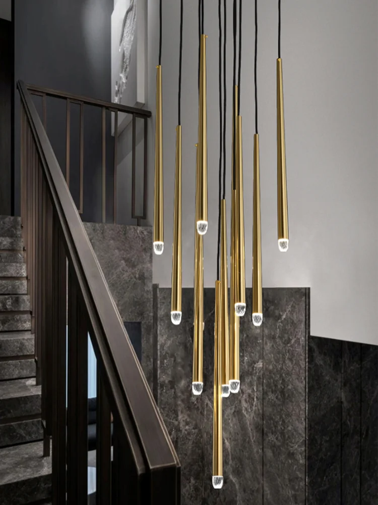 

Postmodern Luxury Crystal LED Chandeliers Nordic Golden Black Long Chandelier Stairs Hanging Lamp Restaurant Ceiling Chandeliers