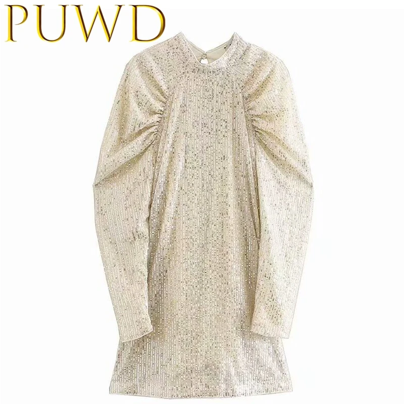 PUWD 2019 Autumn and winter new women's long sleeve fashion style Sequin dress round neck waist short skirt | Женская одежда