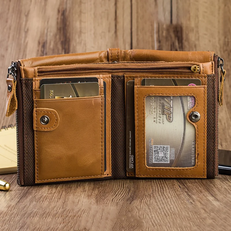 Кожаные мужские кошельки короткие кредитницы визитницы двойная молния кошелек |
