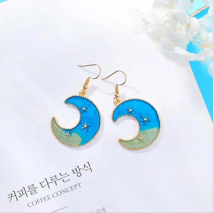 

INS Style Blue Earring Starry Planet Moon Star Round Asymmetrical Long Tassels Drop Earrings Fashion Women Jewelry