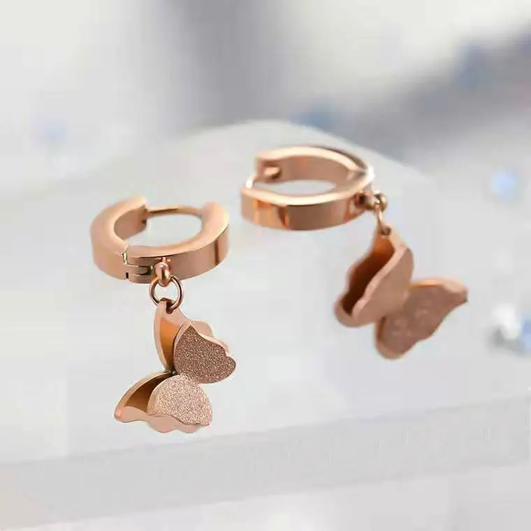 Серьги с двойной бабочкой из титановой стали цвета розового золота 100% гарантия