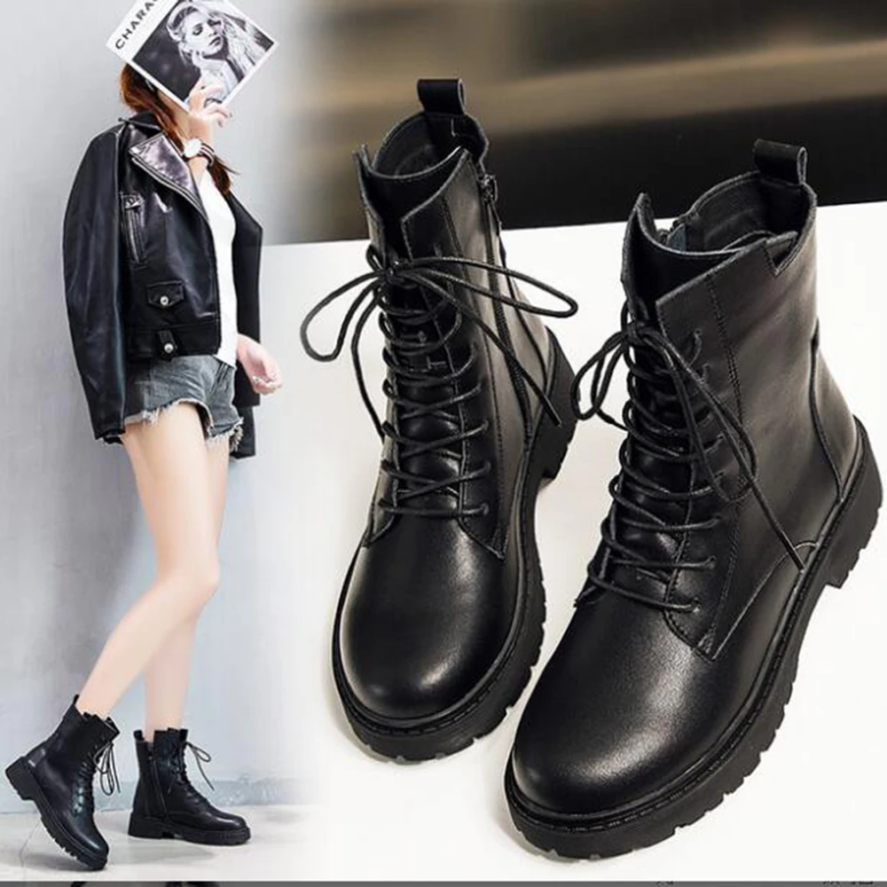 

Autumn Ankle Boots Women Genuine Leather Flat Short Boots Lace Up Round Toe Female Shoes Women's boots botas de mujer hy860