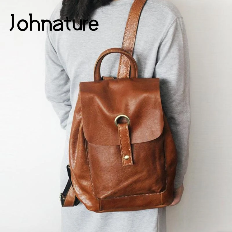 

Johnature 2021 New Genuine Leather Bagpack Women Leisure Bag First Layer Cowhide Backpack Large Capacity Handmade Travel Bags