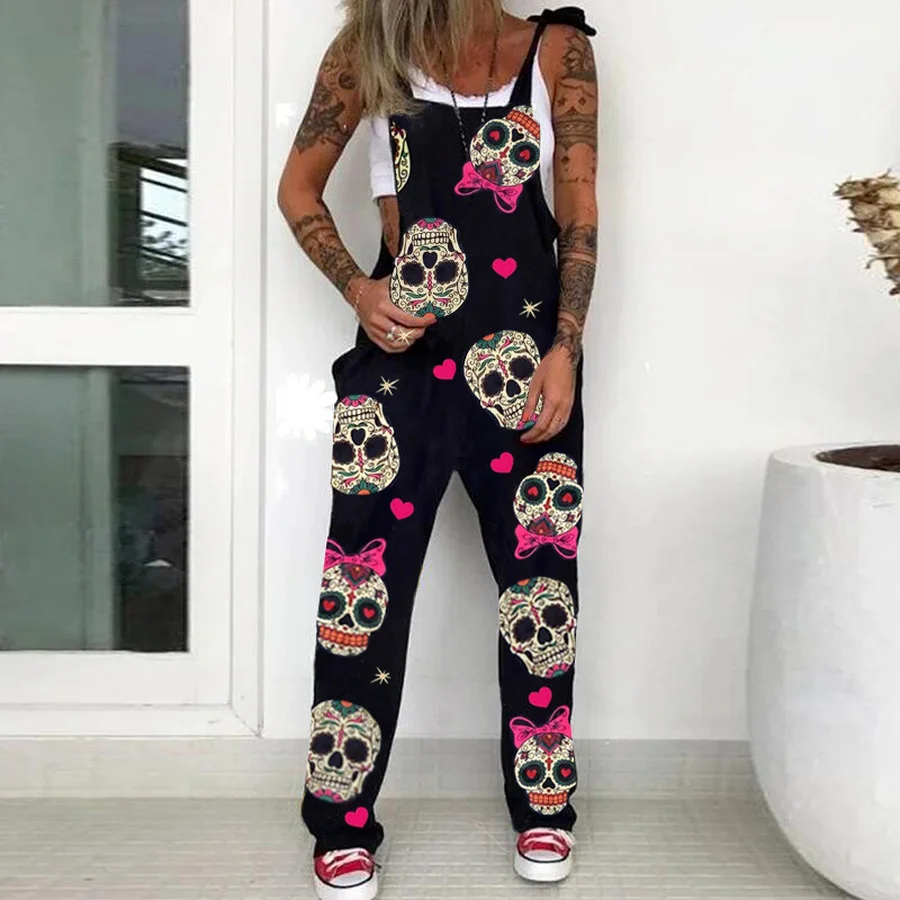 

Summer Daisy Skull Print 5XL Plus Size Jumpsuit Bodysuit Women Elegant Pocket Beach Overalls Spring Sleeveless Straps Romper