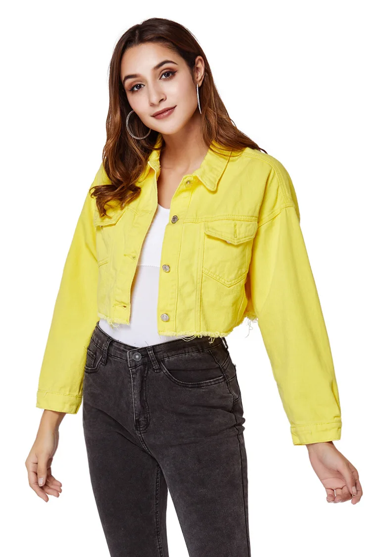 

MilaLit Bright Yellow Loose Casual All Match Jean Coat Tops Plus Size Short Denim Jackets with Button Pockets for Spring Autumn