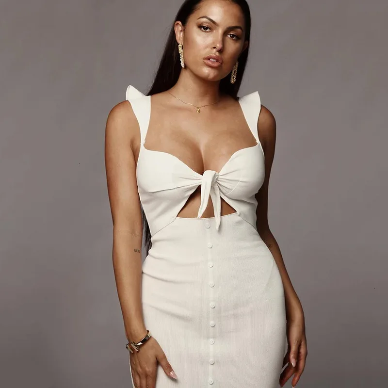 

Female White V-neck Sleeveless Long Dress Club Party Dress Autumn and Winter Long Dress 2021 New Bow Ribbed Sexy Bandage Dress
