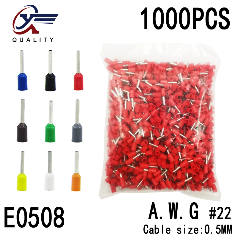 

1000pcs/Pack Block-Cord Terminal Insulated-Ferrules End-Wire-Connector Electrical-Crimp-Terminator Tubular-AWG E0508
