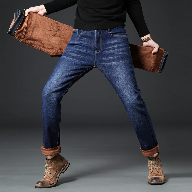 Высокое Качество Зимние теплые мужские джинсы с нашивками плотные эластичные