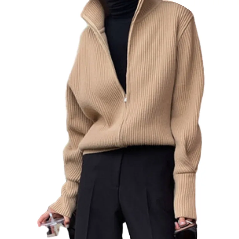 

Korean Chic Autumn and Winter Fashionable Wild High-Neck Zipper Design Warm Long-Sleeved Knitted Sweater Jacket Women GX1262