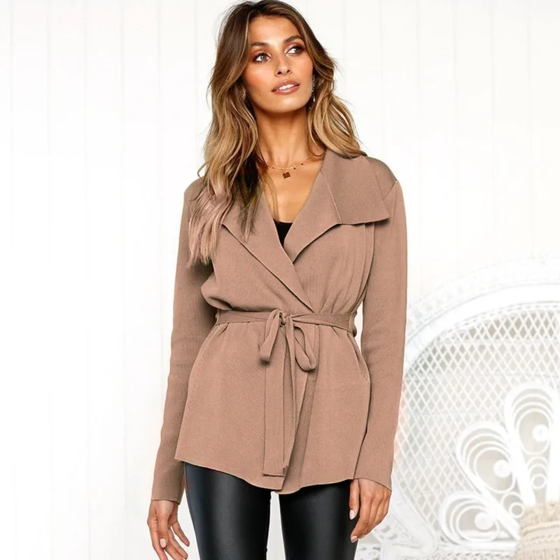 Женский модный вязаный свитер куртка Тонкий длинный рукав нагрудный пояс