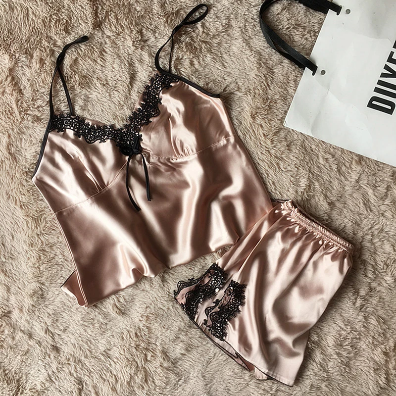 

New Sexy Lace Satin Pajama Sets Women's Sleepwear Sleeveless Tops+Shorts Sets Pyjama Sets For Women Deep V-neck