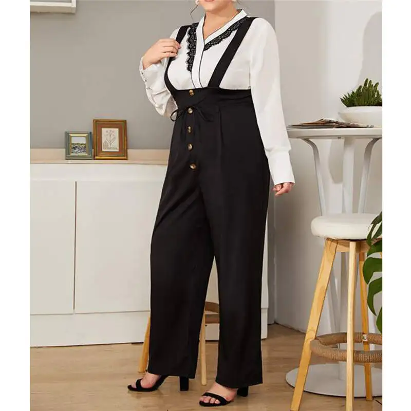

Fashion Autumn Women Black Plus Size Wide Leg Pants Casual Overalls Ladies Strap Trousers Plus Size Pants
