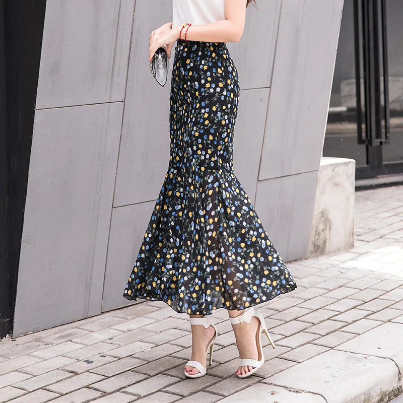 Женская шифоновая юбка с оборками Длинная элегантная годе винтажным цветочным