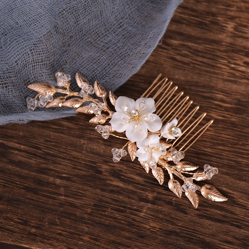 Винтажные золотые свадебные гребни для волос листья цветы кристаллы украшения