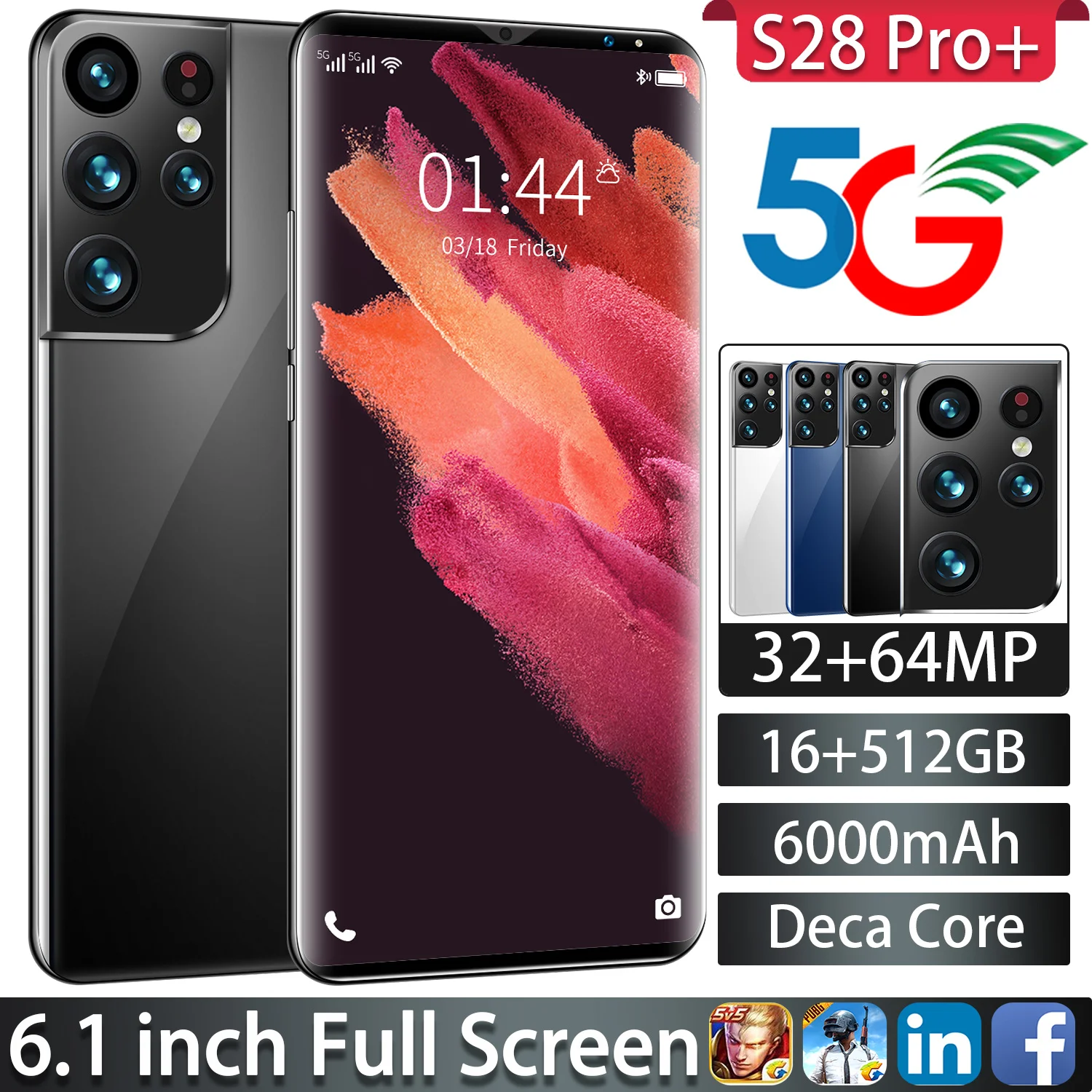 

S28 Pro+ 5G Global Version Front Camera 32MP+ Rear Camera 64MP Smartphone 6.1 Inch Full Screen16GB+512GB ROM New Mobile Phone