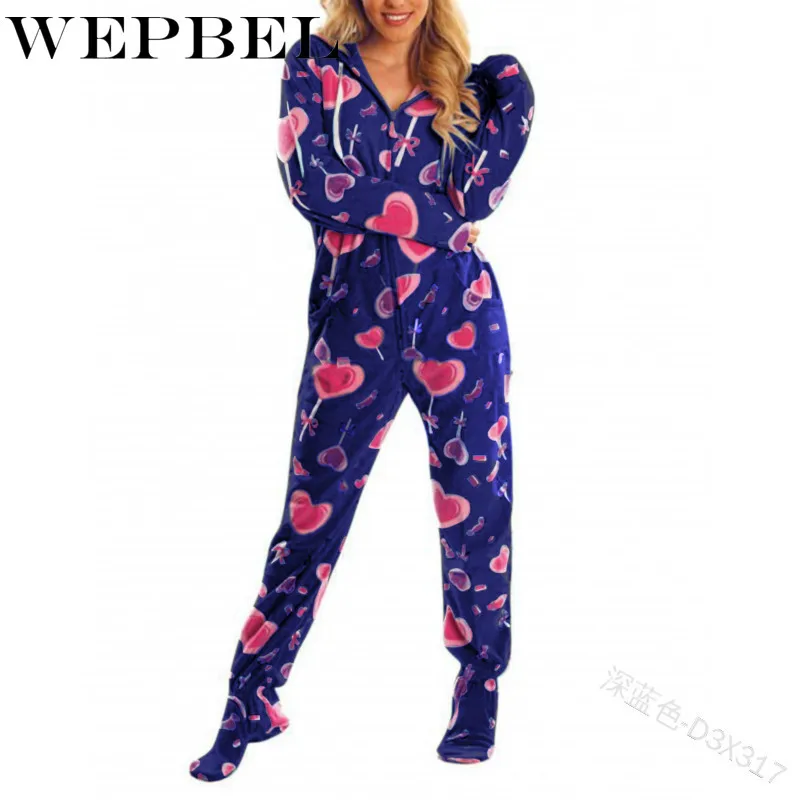 

WEPBEL Autumn Winter Women Hooded Homewear Loose Heart Print Plush Warm Zipper One-piece Rompers Jumpsuit Sleepwear