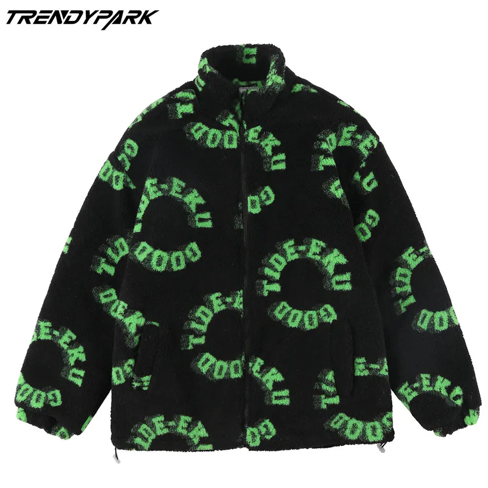 

Men Winter Jacket Letters Cashmere Fleece Warm Thick Coat Flocking Harajuku Streetwear Casual Oversized Black Jacket Clothing
