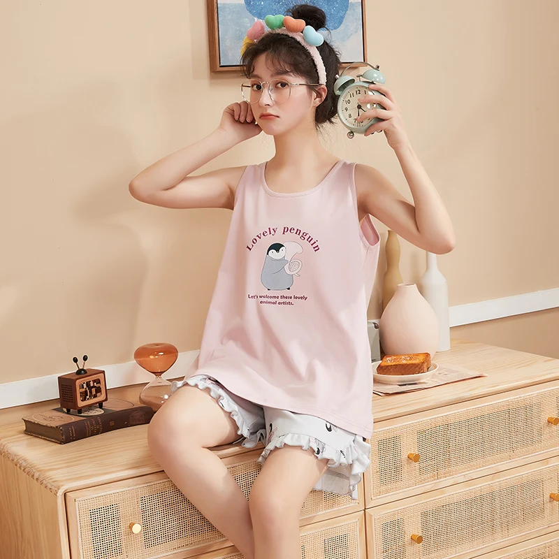 

Shirts+Shorts Underwear Nightwear Women Summer Pajamas Set Women Sexy Sleeveless Vest Lingerie Cute Pink Cartoon Girls Sleepwear