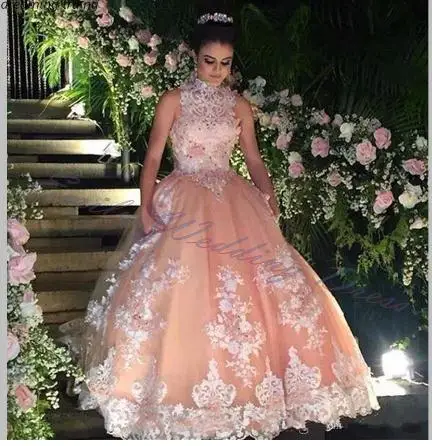 Милое пышное платье цвета шампанского на 16 лет Vestido debutante 15 anos, бальное платье с высокой горловиной, прозрачные кружевные вечерние платья для выпускного вечера - Цвет: As Picture