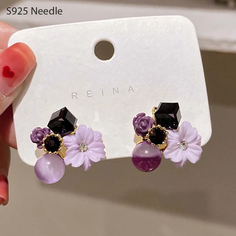 

925 стерлингового серебра иглы, серьги со шпилькой, для женщин, ювелирные изделия с фиолетовыми цветами и опал кошачий глаз обувь с украшение...