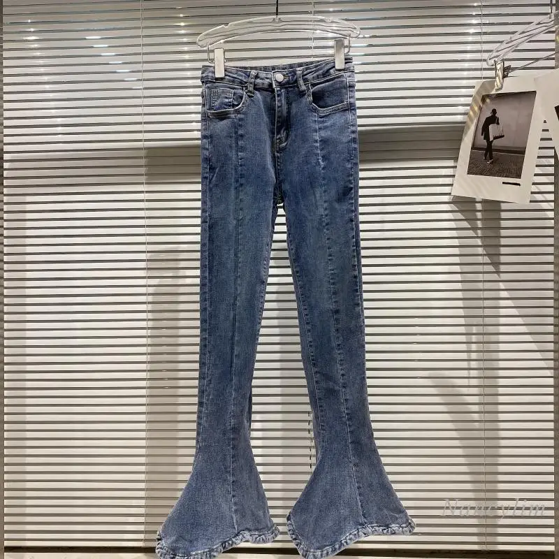 

Flare Jeans Women 2021 Autumn New Elegant Horn Trousers Washed Stretch Slimming Denim Pants Femme Blue Nancylim