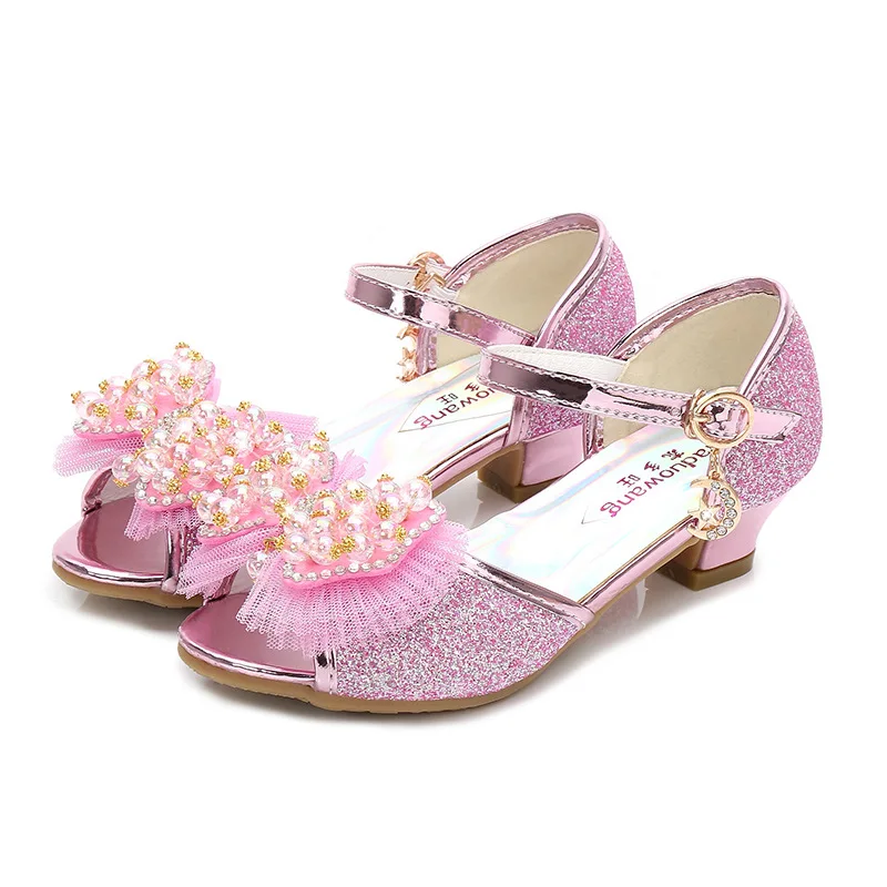 

Baby Girls Cinderella Princess Sandal Women Crystal Bowtie Peep Toe High Heel Dancing Pearl Pumps Children Wedding Glitter Shoes
