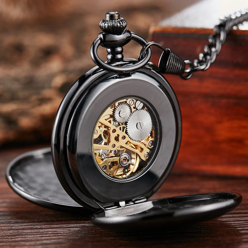 Roman Numeral Number Mechanical Pocket Watch Skeleton Smooth Black Dual Case Dial Male Fob Chain Clock for Men Women Collection