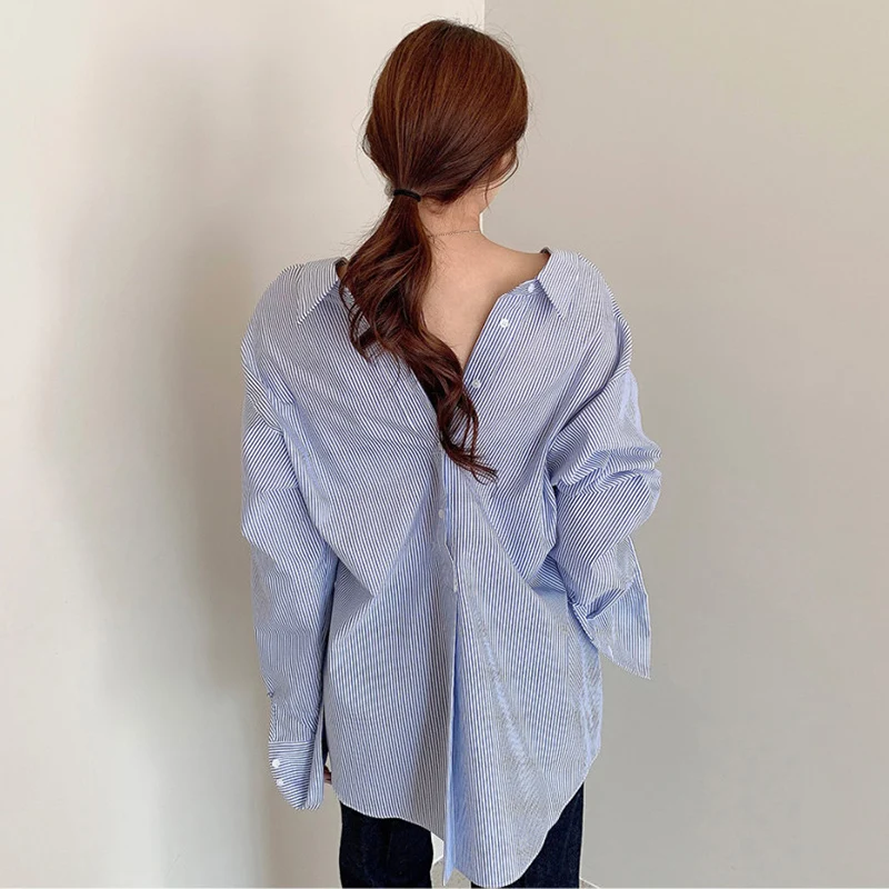 

2021 Spring Autumn Women Shirts Casual Loose Oversized Blouses Female Vintage Turn-down Collar Striped Bf Korean Style Blusas