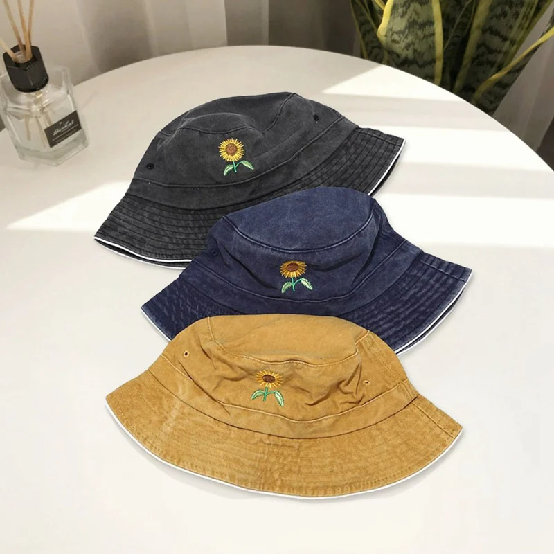 

New Fashion High Quality Sun Caps Black White Sunflower Floral Print Bucket Hat Women Summer Fisherman Hat