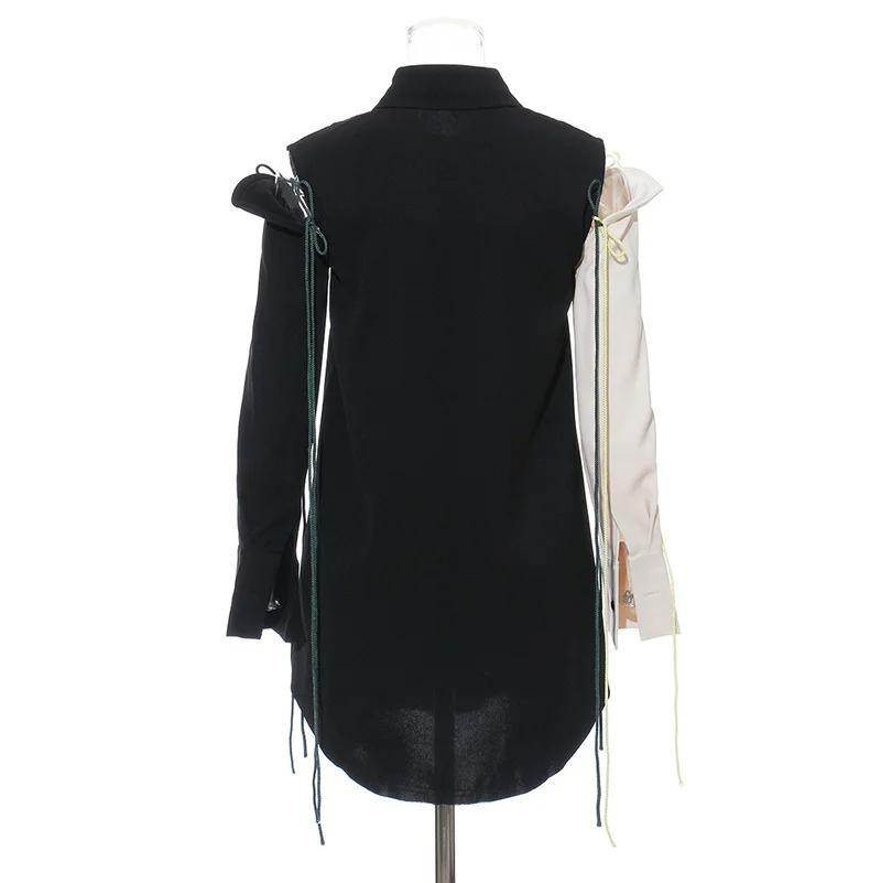 

[EAM] Women Bandage Hollow Out Blouse New Lapel Long Sleeve Loose Fit Spliced Spliced Shirt Fashion Spring Autumn 2021 JZ249