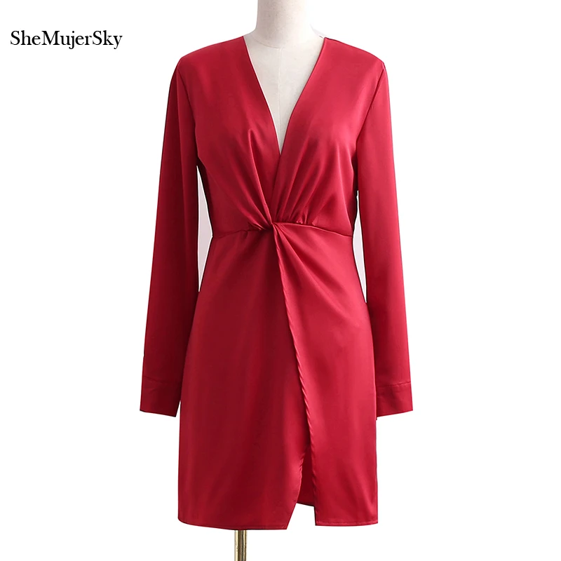 

SheMujerSky женское сексуальное красное платье с глубоким V-образным вырезом, 2021 атласные облегающие мини-платья с длинным рукавом, платья