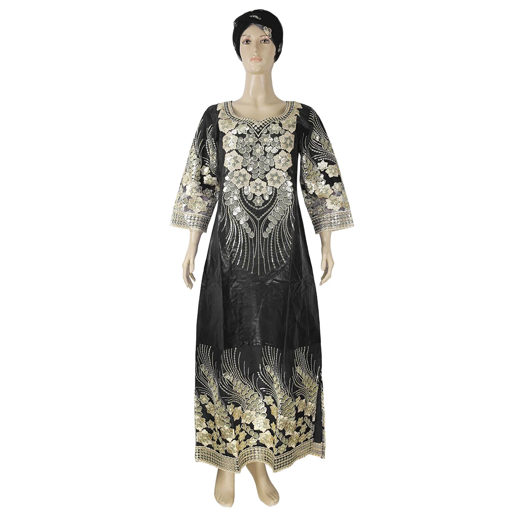 

2021 Plus Size African Outfits Women Bazin Riche Dresses Dashiki Maxi Robe With Head wrap Traditional Sequin Party Dress Wear