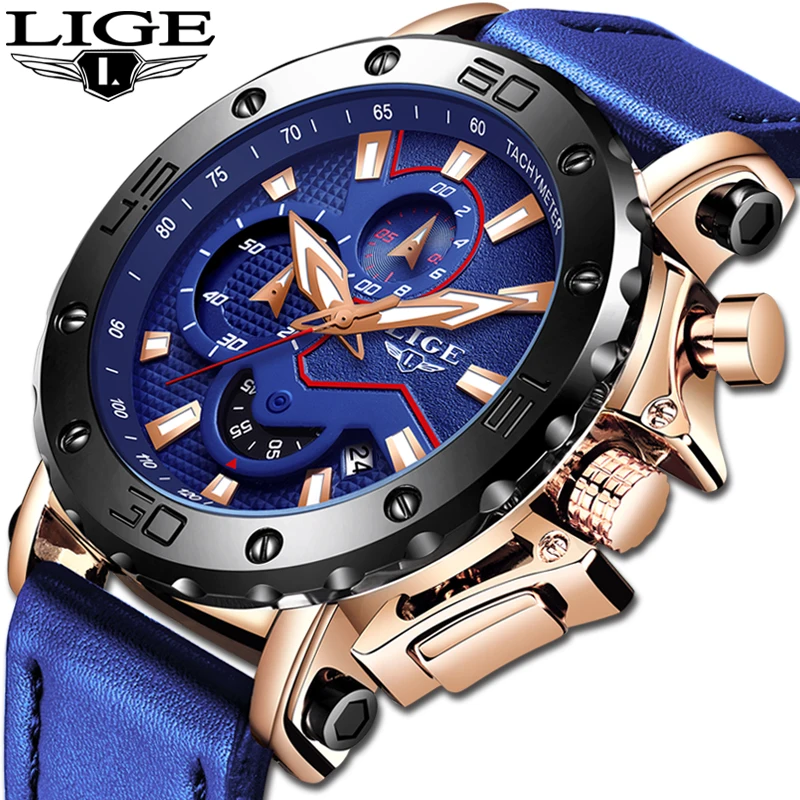 LIGE Casual Sports Watches for Men Top Brand Luxury Blue Leather Military Wrist Watch Man Clock Fashion Chronograph Wristwatch megir casual sport watches for men top brand luxury military leather wrist watch man clock fashion chronograph wristwatch brown