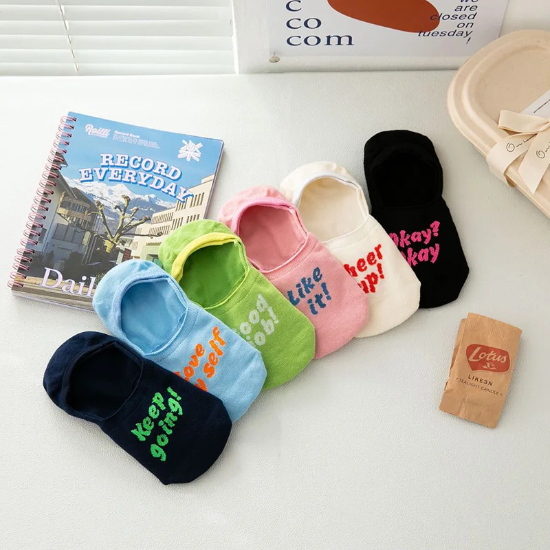 

6 Pairs Pack Women Silicone Non-Slip Invisible Cotton Socks Slipper Female Summer Short Casual Soft Funny Letter Word Calcetines