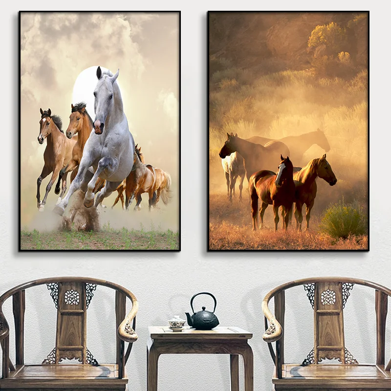 

Modern Animal Brown White Black Horse Photography Canvas Painting Sofa Background Wall Picture Poster For Living Room Decoration