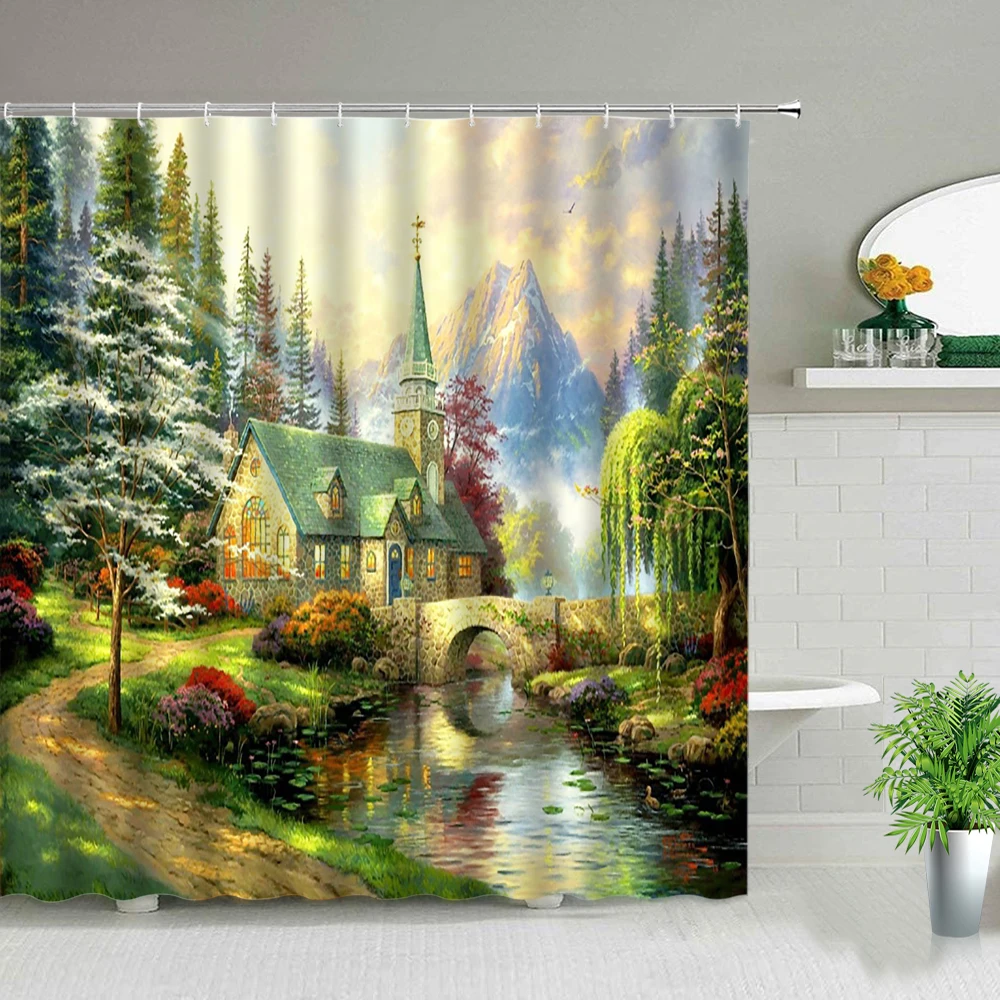 

European Style Rural Oil Painting Scenery Shower Curtains Flowers Plant Swan Landscape Waterproof Bathroom Decor Cloth Curtain
